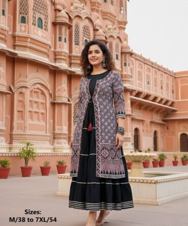 Black long gown with printed detachable shrug