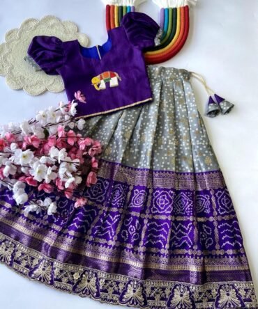 Mini kids blue Bandhej heavy lehenga with top