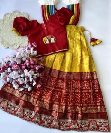 Mini kids Red Bandhej heavy lehenga with top